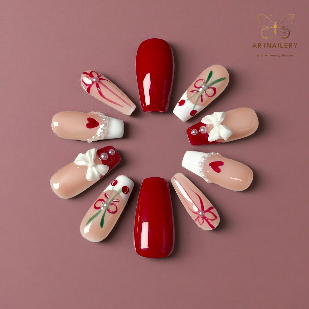 Artnailery · Cherry Ribbon | Holiday Glam Limited (10 pcs Handmade Press-On Nails)