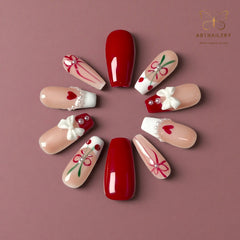 Artnailery · Cherry Ribbon | Holiday Glam Limited (10 pcs Handmade Press-On Nails)