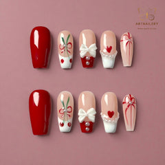 Artnailery · Cherry Ribbon | Holiday Glam Limited (10 pcs Handmade Press-On Nails)