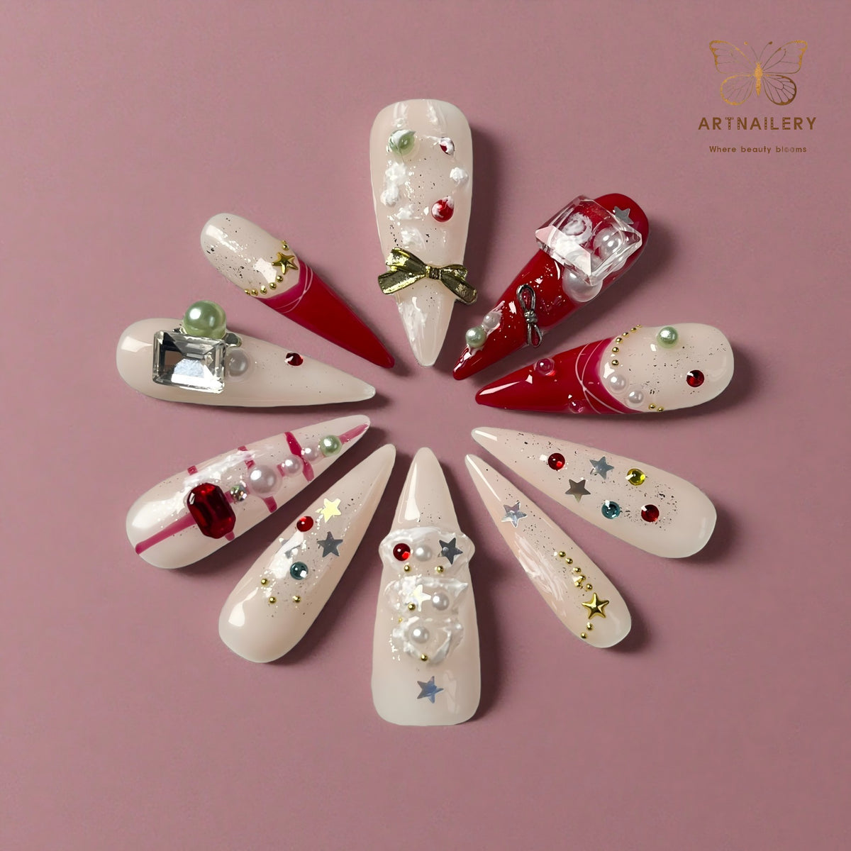 Artnailery · Crimson Giftlist | Holiday Glam Limited · Seasonal Glam Selection (10 pcs Handmade Press-On Nails)