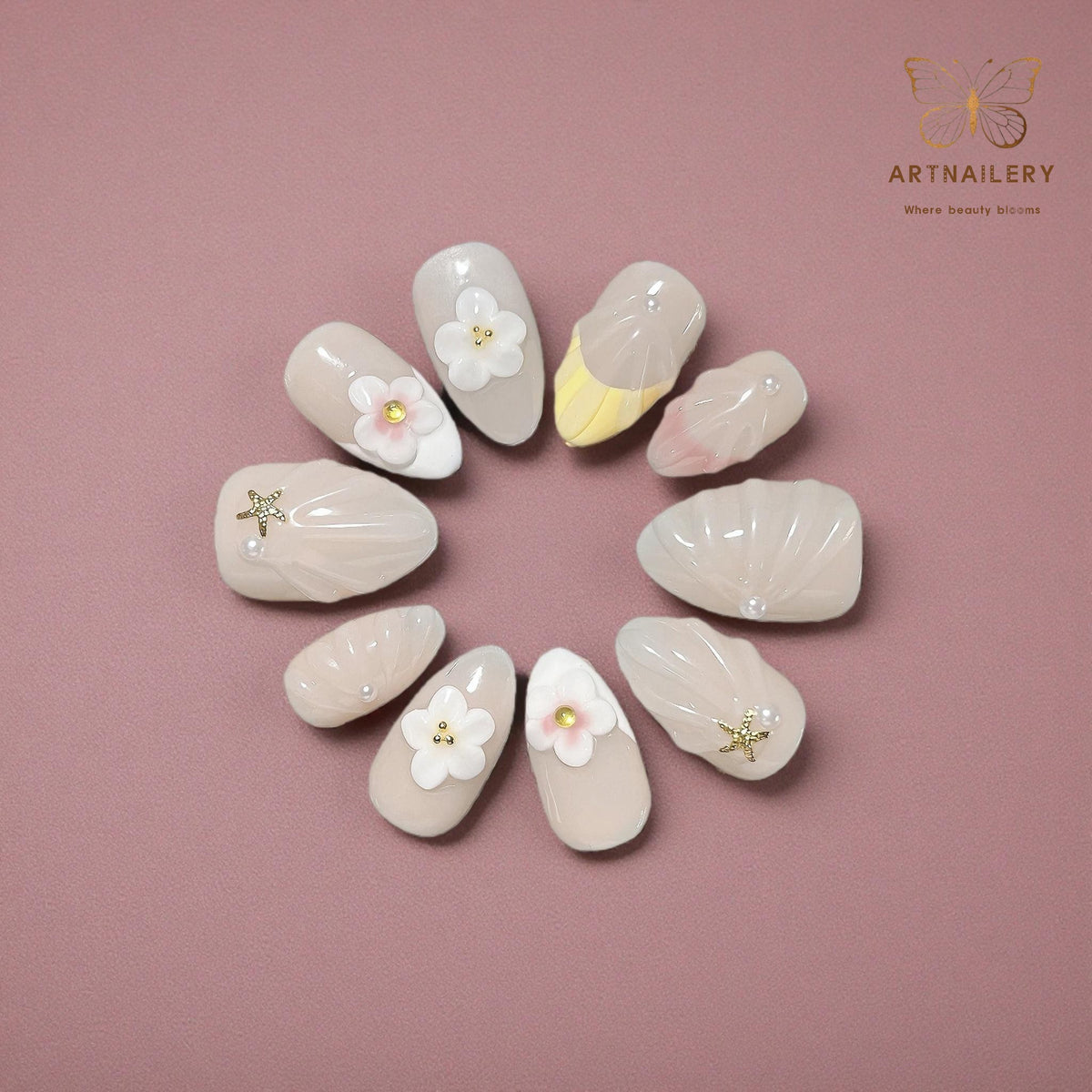 Artnailery · Blossom Shore | Everyday & Seasonal Collection (10 pcs Handmade Press-On Nails)