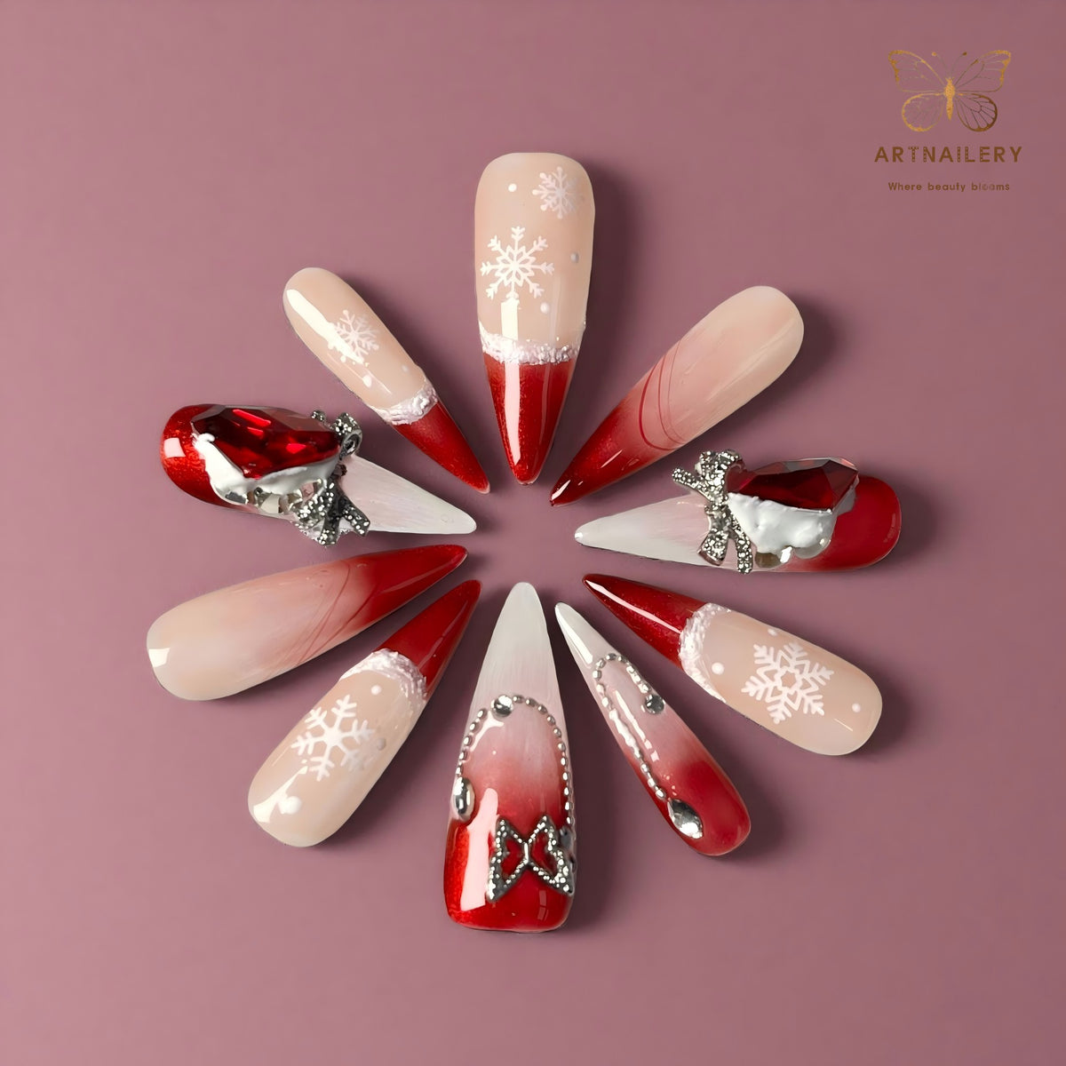 Artnailery · Scarlet Frost | Holiday Glam Limited (10 pcs Handmade Press-On Nails)
