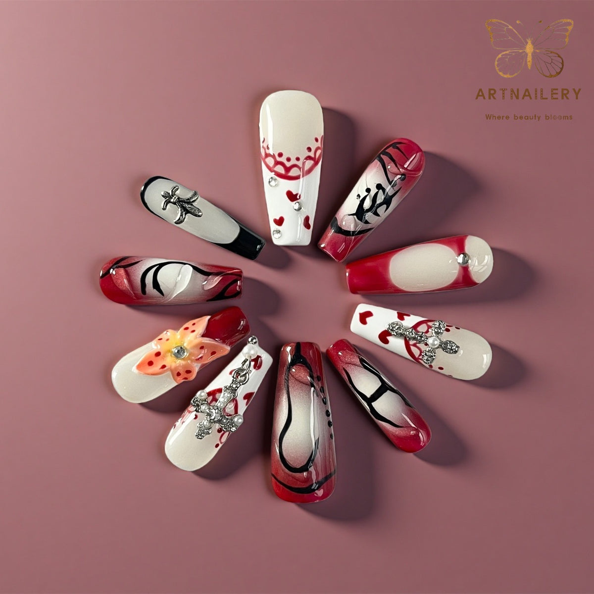 Artnailery · Scarlet Muse | Artistry Collection · Holiday Glam Selection (10 pcs Handmade Press-On Nails