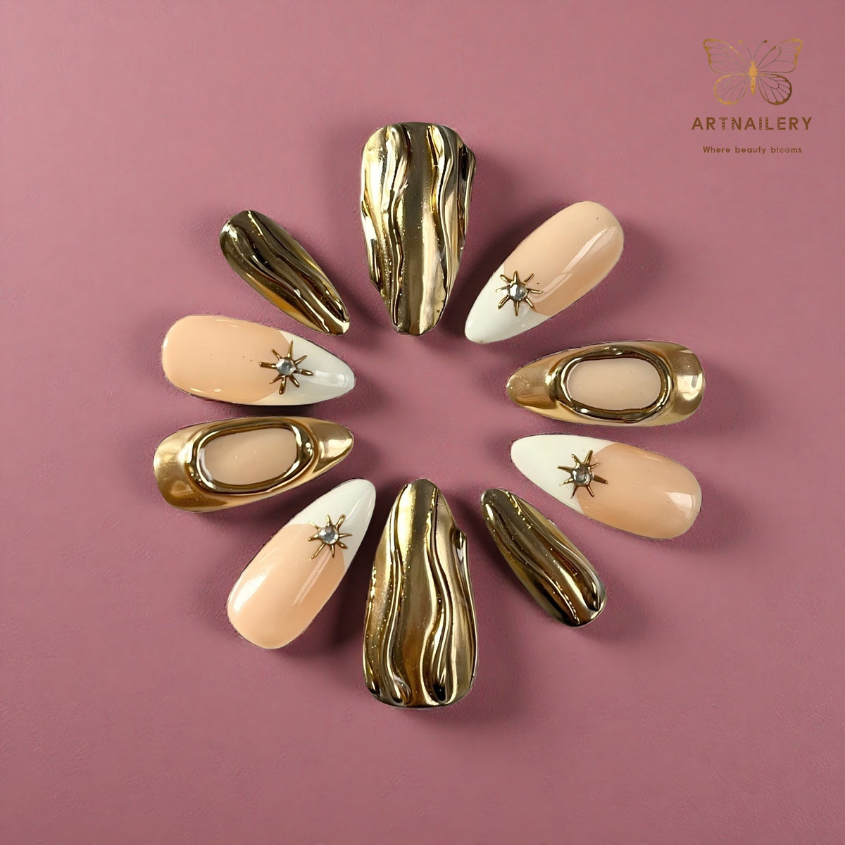 Artnailery · Golden Current | Artistry Collection · Seasonal Glam Selection (10 pcs Handmade Press-On Nails)