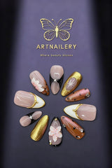 Golden Bloom Noir | Artistry Collection (10 pcs, Handmade Press-On Nails)