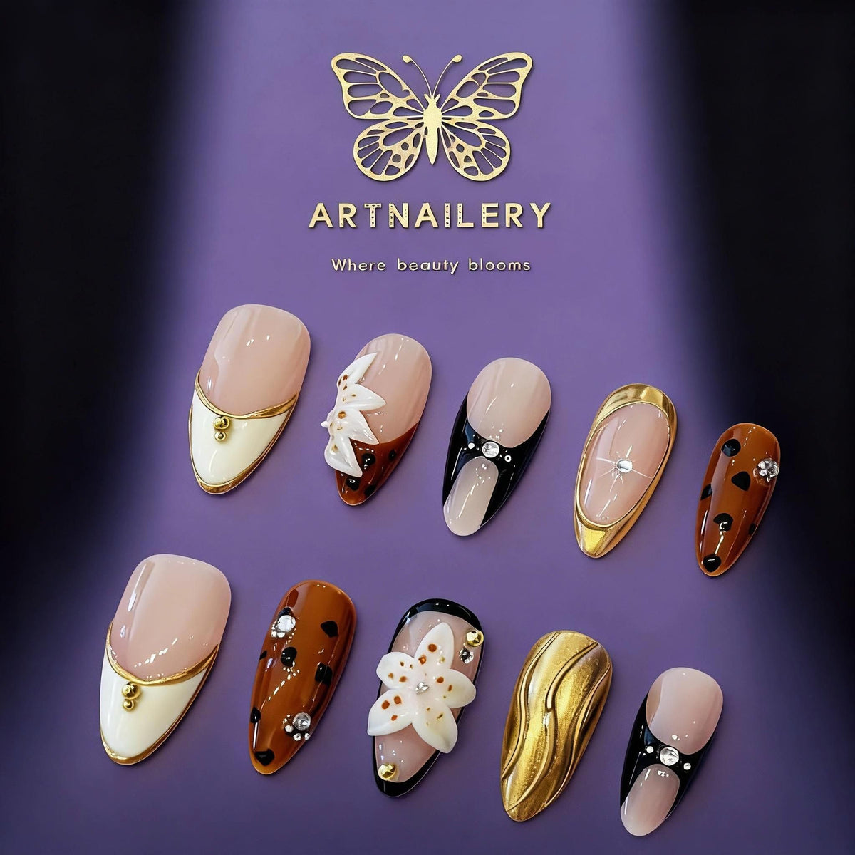 Golden Bloom Noir | Artistry Collection (10 pcs, Handmade Press-On Nails)