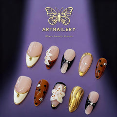 Golden Bloom Noir | Artistry Collection (10 pcs, Handmade Press-On Nails)