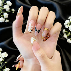 Golden Bloom Noir | Artistry Collection (10 pcs, Handmade Press-On Nails)