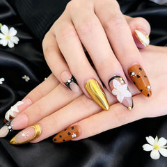 Golden Bloom Noir | Artistry Collection (10 pcs, Handmade Press-On Nails)