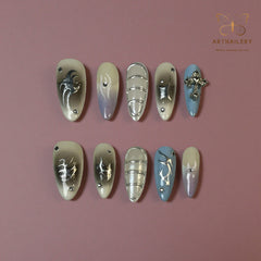 Artnailery · Silver Veil | Artistry Collection  (10 pcs Handmade Press-On Nails)