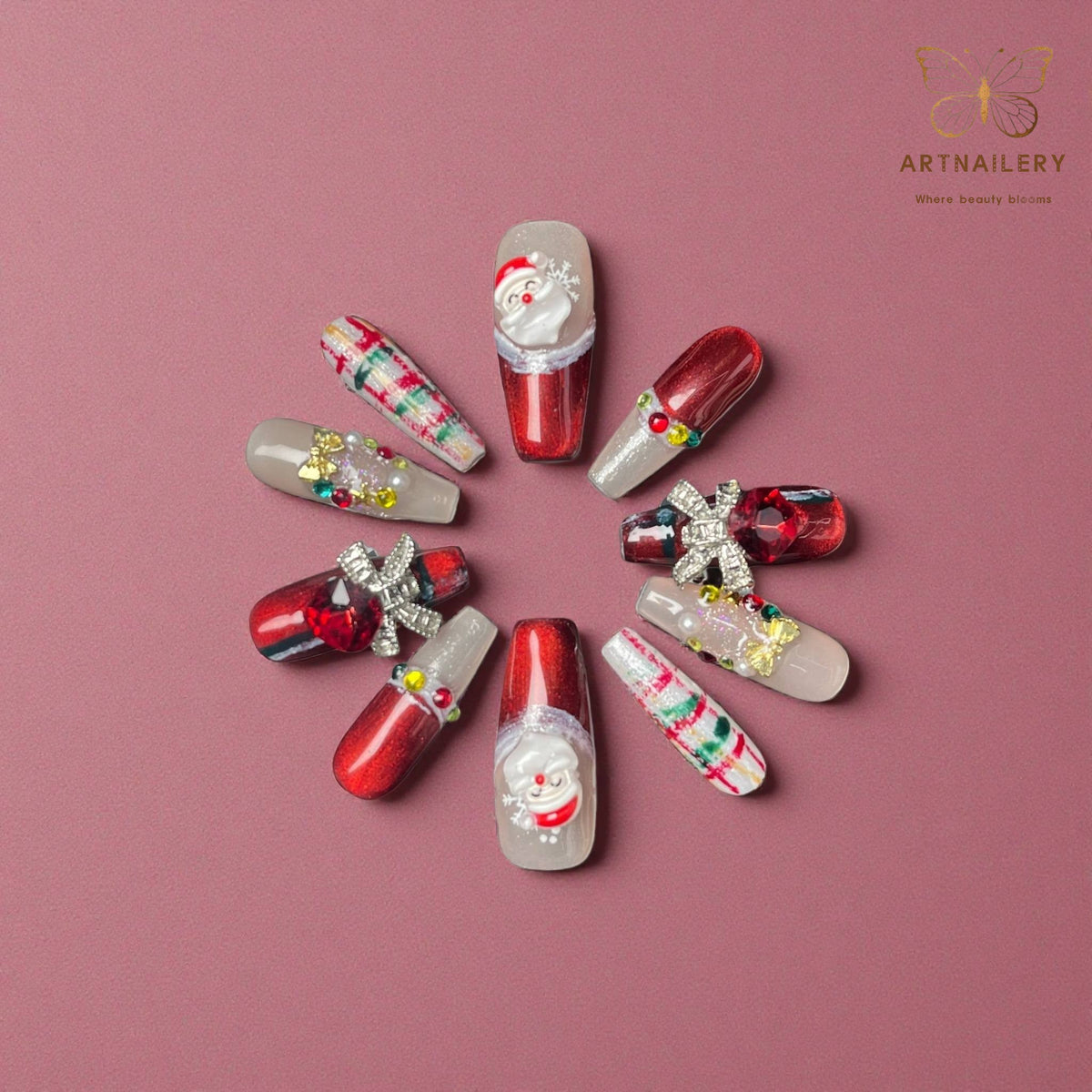 Artnailery · Santa Glow | Holiday Glam Limited Collection (10 pcs Handmade Press-On Nails)