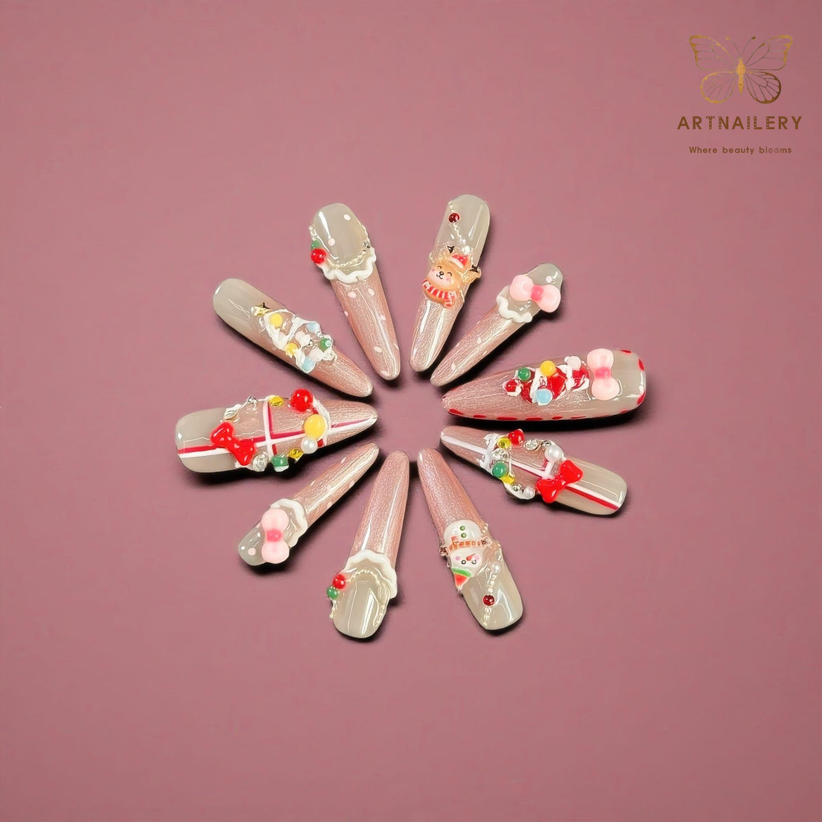 Artnailery · Frosted Merry | Holiday Glam Limited (10 pcs Handmade Press-On Nails)